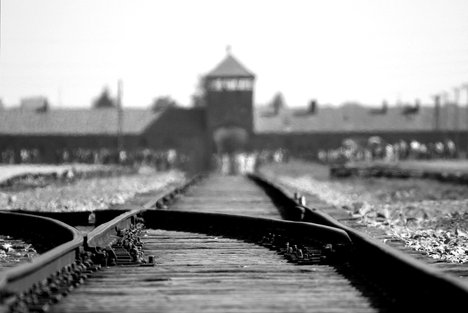 Das Foto zur Pressemitteilung der Linken NRW zum Holocaust-Gedenktag zeigt die Gleisanlage vor dem KZ Auschwitz-Birkenau, im Hintergrund sieht man den Eingang zum Todeslager.